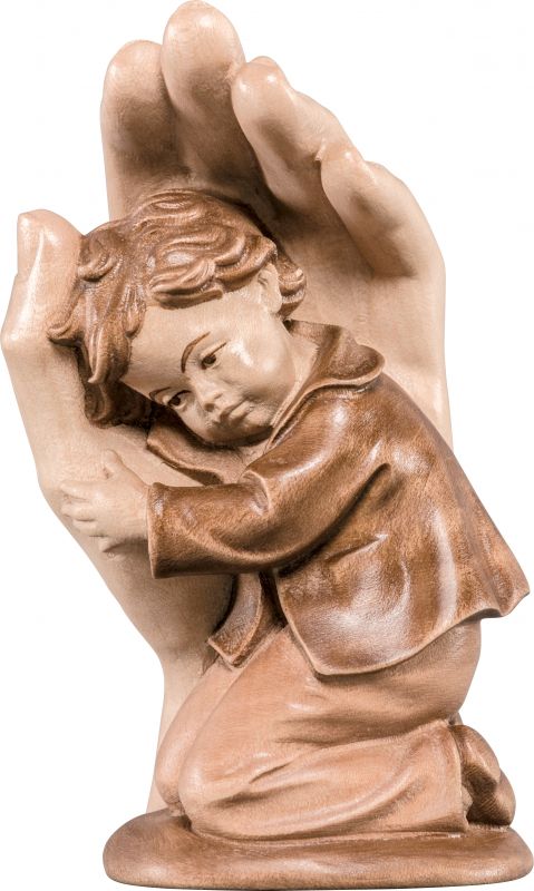 mano protettrice da poggiare con bambino - demetz - deur - statua in legno dipinta a mano. altezza pari a 14 cm.