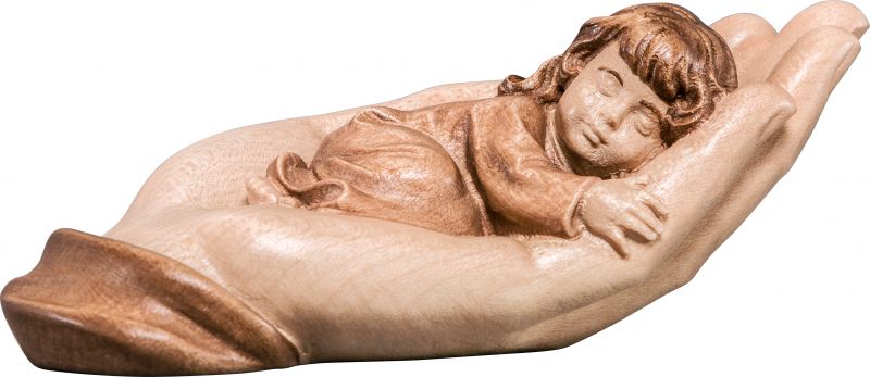 mano protettrice distesa con bambina - demetz - deur - statua in legno dipinta a mano. altezza pari a 14 cm.