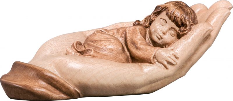 mano protettrice distesa con bambina - demetz - deur - statua in legno dipinta a mano. altezza pari a 11 cm.