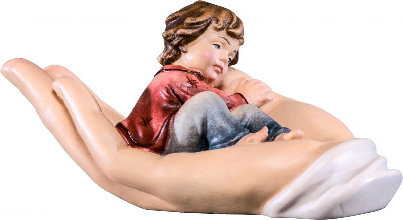 mano protettrice distesa con bambino - demetz - deur - statua in legno dipinta a mano. altezza pari a 11 cm.