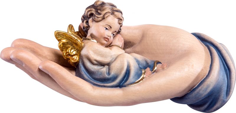 mano protettrice distesa con angelo azzurro - demetz - deur - statua in legno dipinta a mano. altezza pari a 14 cm.