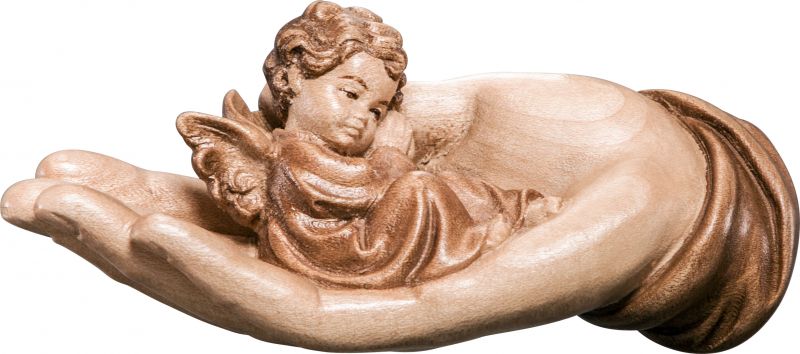 mano protettrice distesa con angelo rosso - demetz - deur - statua in legno dipinta a mano. altezza pari a 14 cm.