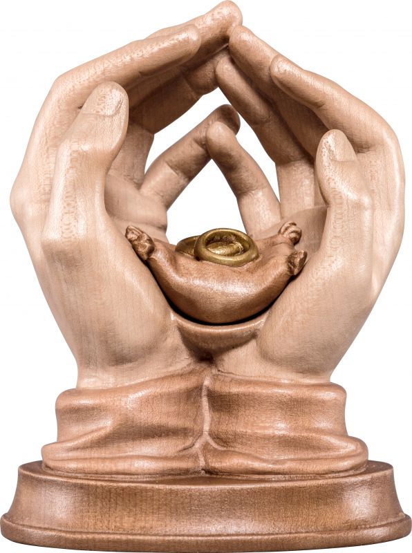 mani protettrici con fedi nuziali - demetz - deur - statua in legno dipinta a mano. altezza pari a 11 cm.
