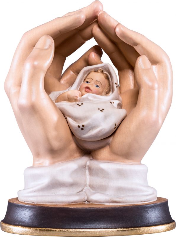 mani protettrici con neonato - demetz - deur - statua in legno dipinta a mano. altezza pari a 16 cm.