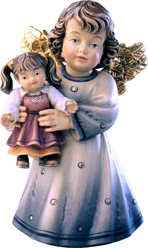 statuina dell'angioletto con bambola, linea da 20 cm, in legno dipinto a mano, collezione angeli sissi - demetz deur