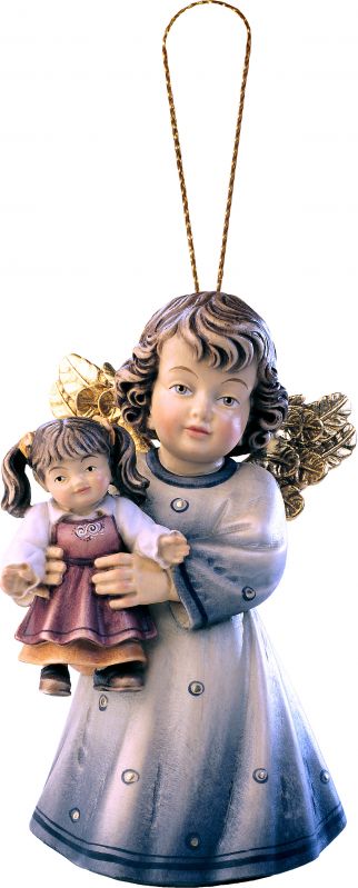 angelo sissi con bambola da appendere - demetz - deur - statua in legno dipinta a mano. altezza pari a 5 cm.