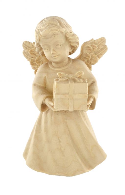 statuina dell'angioletto con pacchetto regalo, linea da 10 cm, in legno naturale, collezione angeli sissi - demetz deur