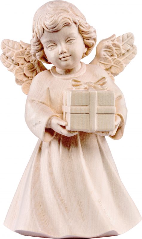 statuina dell'angioletto con pacchetto regalo, linea da 20 cm, in legno naturale, collezione angeli sissi - demetz deur