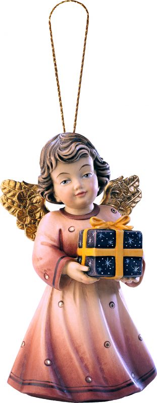 angelo sissi con dono da appendere - demetz - deur - statua in legno dipinta a mano. altezza pari a 5 cm.