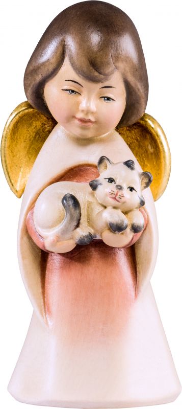 angelo sognatore con gattino - demetz - deur - statua in legno dipinta a mano. altezza pari a 16 cm.