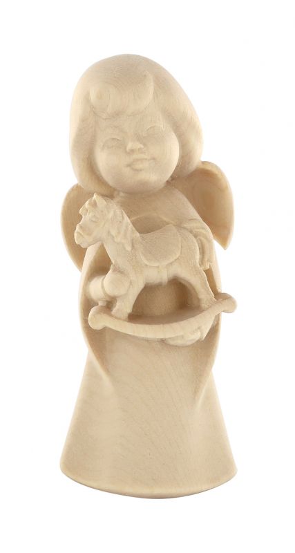 statuina dell'angioletto con cavallo giocattolo, linea da 11 cm, in legno naturale, collezione angeli sognatori - demetz deur