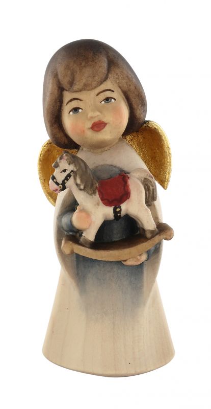 statuina dell'angioletto con cavallo giocattolo, linea da 11 cm, in legno dipinto a mano, collezione angeli sognatori - demetz deur