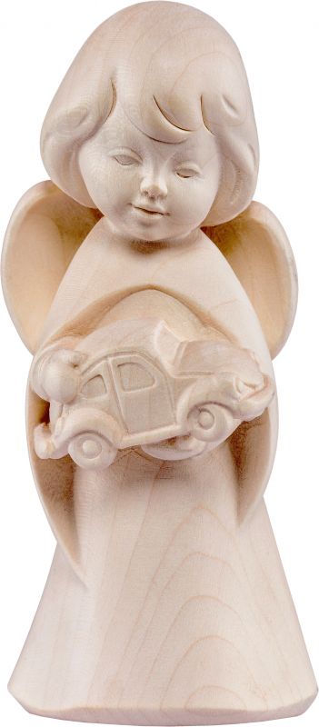 statuina dell'angioletto con auto giocattolo, linea da 6 cm, in legno naturale, collezione angeli sognatori - demetz deur