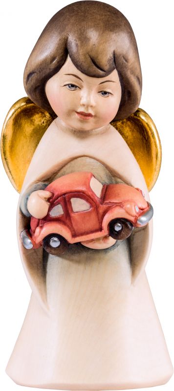 statuina dell'angioletto con auto giocattolo, linea da 6 cm, in legno dipinto a mano, collezione angeli sognatori - demetz deur
