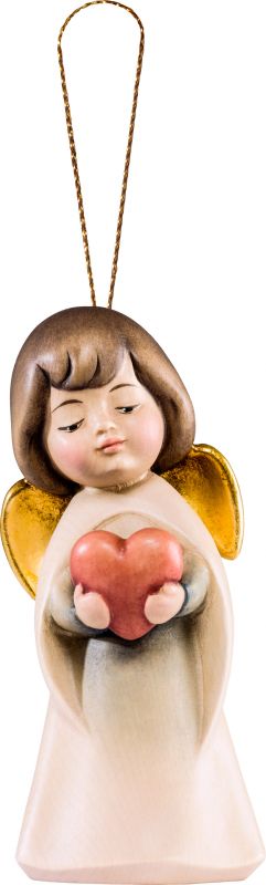 angelo sognatore con cuore da appendere - demetz - deur - statua in legno dipinta a mano. altezza pari a 5 cm.