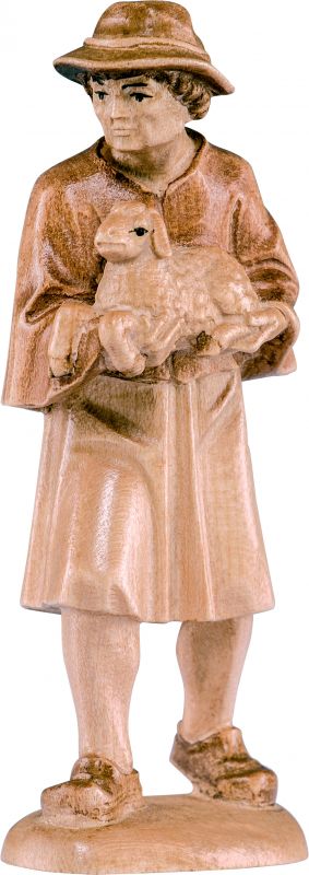 pastore con agnello b.k. - demetz - deur - statua in legno dipinta a mano. altezza pari a 7 cm.