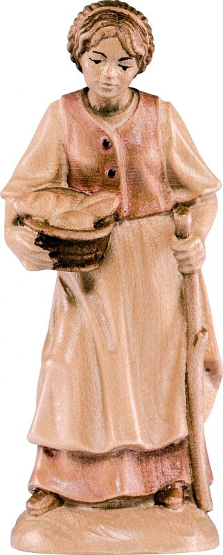 pastorella con pane b.k. - demetz - deur - statua in legno dipinta a mano. altezza pari a 15 cm.