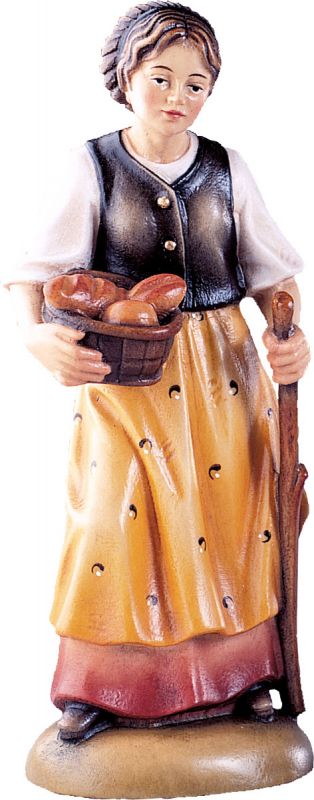 pastorella con pane b.k. - demetz - deur - statua in legno dipinta a mano. altezza pari a 15 cm.