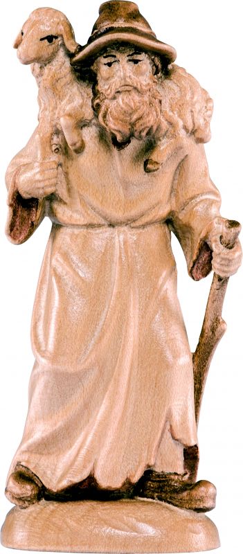 pastore con pecora in spalla b.k. - demetz - deur - statua in legno dipinta a mano. altezza pari a 7 cm.