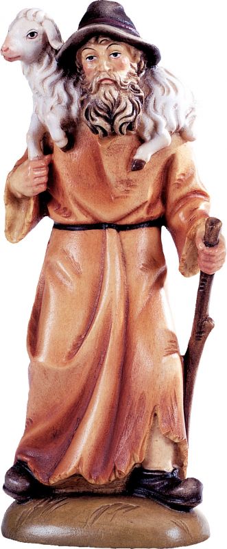 pastore con pecora in spalla b.k. - demetz - deur - statua in legno dipinta a mano. altezza pari a 15 cm.