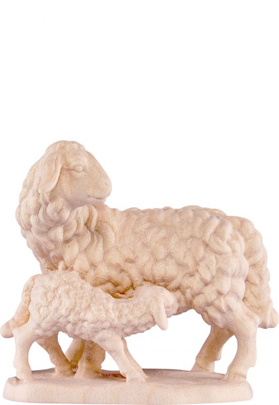 pecora con agnello b.k. - demetz - deur - statua in legno dipinta a mano. altezza pari a 15 cm.