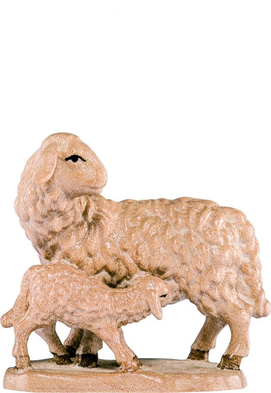 pecora con agnello b.k. - demetz - deur - statua in legno dipinta a mano. altezza pari a 12 cm.