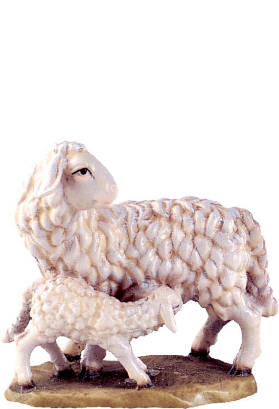 pecora con agnello b.k. - demetz - deur - statua in legno dipinta a mano. altezza pari a 12 cm.