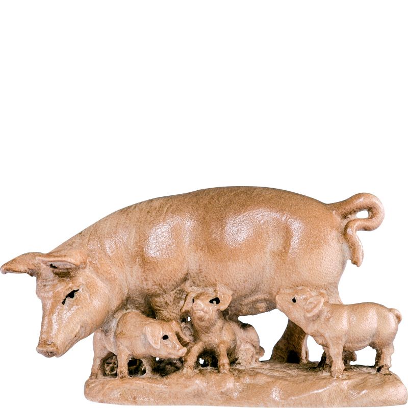 scrofa con maialini b.k. - demetz - deur - statua in legno dipinta a mano. altezza pari a 18 cm.