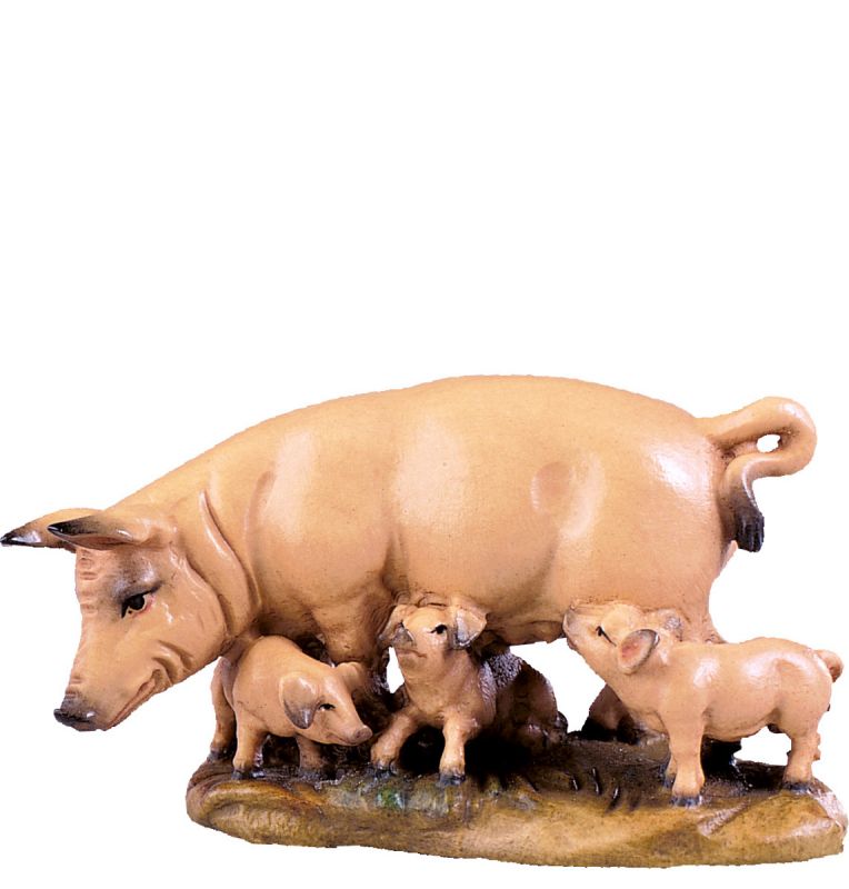 scrofa con maialini b.k. - demetz - deur - statua in legno dipinta a mano. altezza pari a 18 cm.