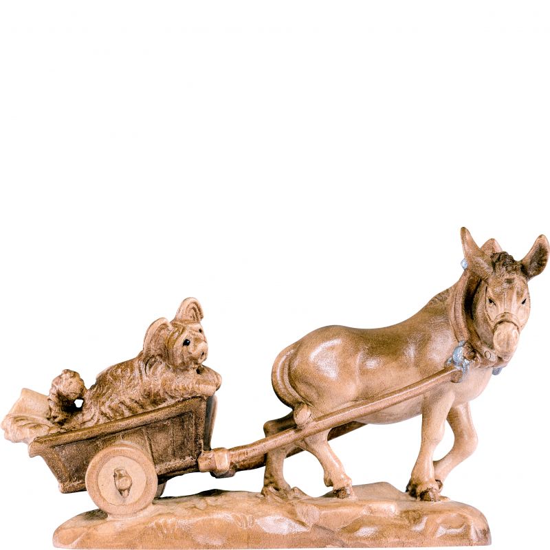 asino con carro b.k. - demetz - deur - statua in legno dipinta a mano. altezza pari a 18 cm.