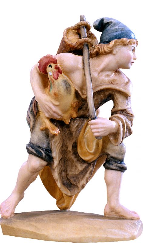 pastore con gallo d.k. - demetz - deur - statua in legno dipinta a mano. altezza pari a 40 cm.