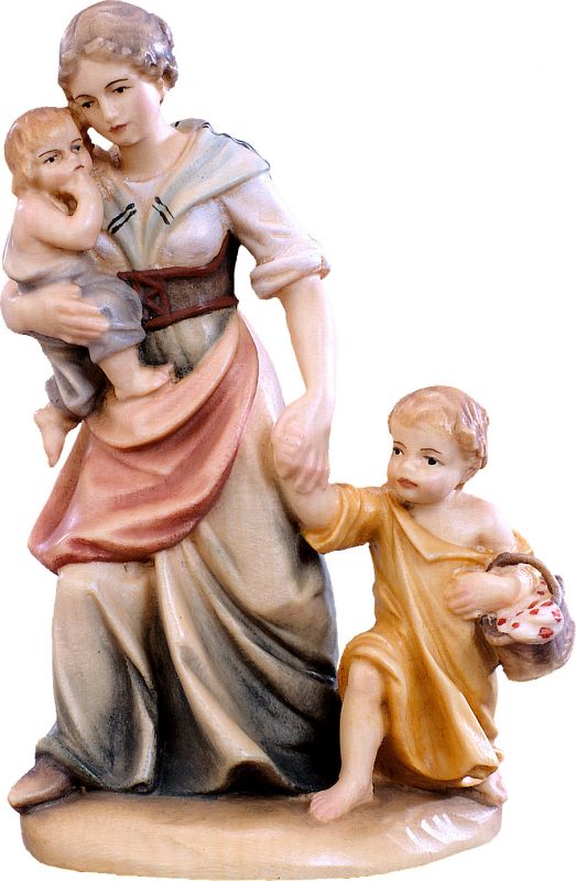 pastorella con bambini d.k. - demetz - deur - statua in legno dipinta a mano. altezza pari a 60 cm.