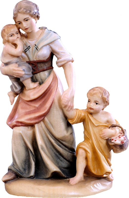 pastorella con bambini d.k. - demetz - deur - statua in legno dipinta a mano. altezza pari a 10 cm.