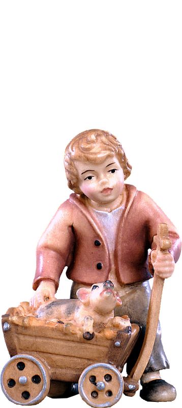 bimbo con carretto d.k. - demetz - deur - statua in legno dipinta a mano. altezza pari a 40 cm.