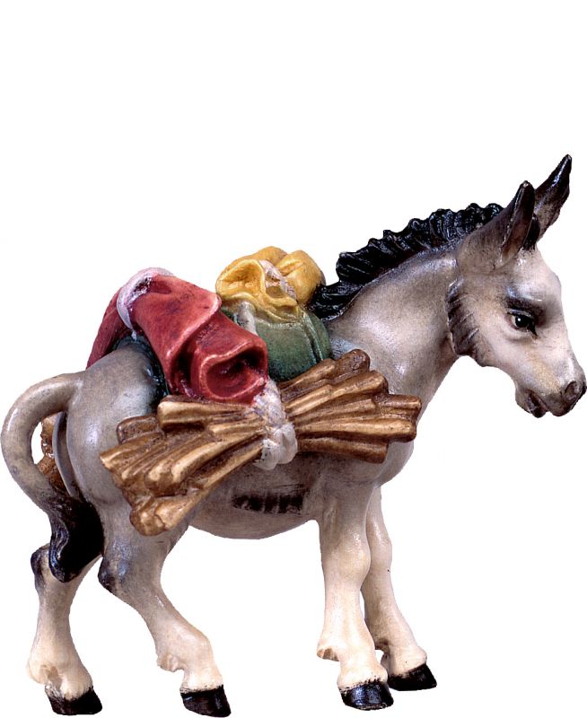 asino con carico d.k. - demetz - deur - statua in legno dipinta a mano. altezza pari a 14 cm.
