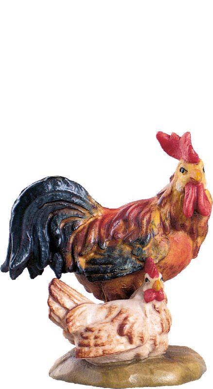 gruppo gallo con gallina d.k. - demetz - deur - statua in legno dipinta a mano. altezza pari a 14 cm.