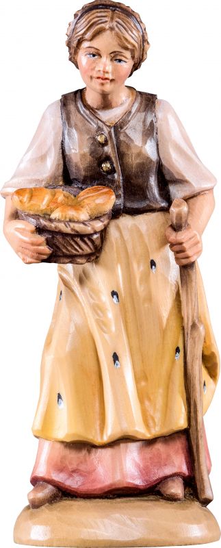 pastorella con pane t.k. - demetz - deur - statua in legno dipinta a mano. altezza pari a 15 cm.
