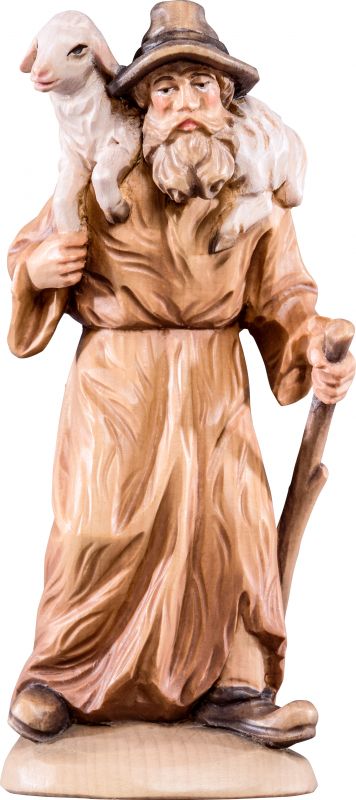 pastore con pecora in spalla t.k. - demetz - deur - statua in legno dipinta a mano. altezza pari a 15 cm.
