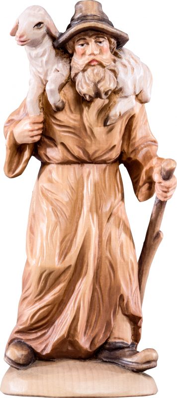 pastore con pecora in spalla t.k. - demetz - deur - statua in legno dipinta a mano. altezza pari a 24 cm.