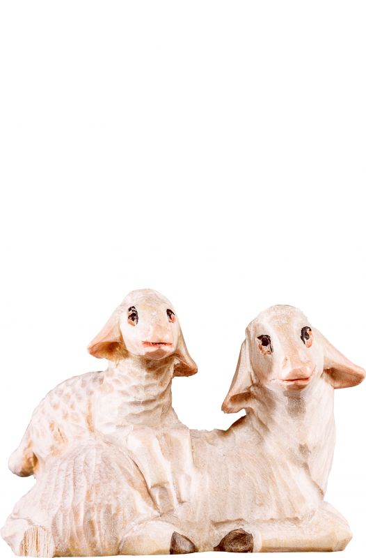 pecora sdraiata con agnello t.k. - demetz - deur - statua in legno dipinta a mano. altezza pari a 15 cm.
