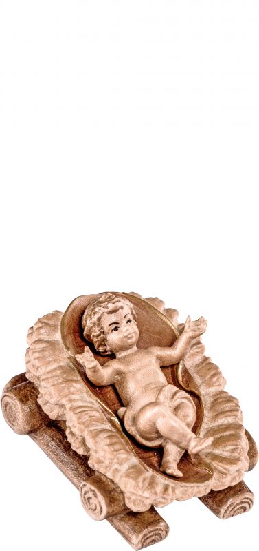 gesù bambino con culla h.k. - demetz - deur - statua in legno dipinta a mano. altezza pari a 18 cm.