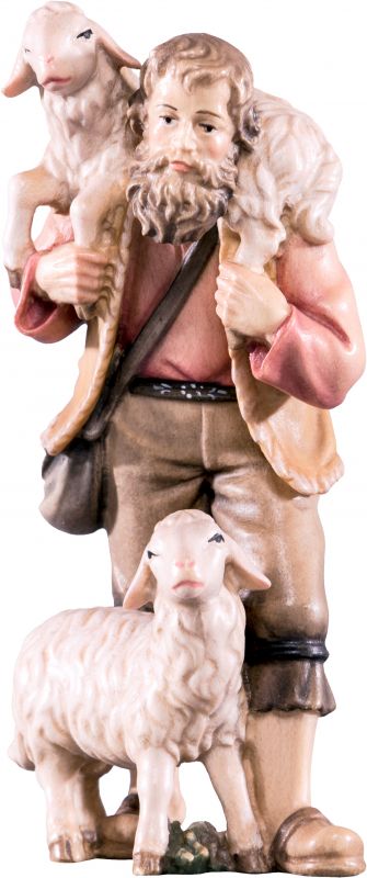 pastore con 2 pecore h.k. - demetz - deur - statua in legno dipinta a mano. altezza pari a 18 cm.