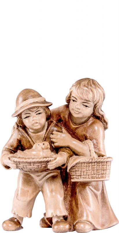 coppia di bambini h.k. - demetz - deur - statua in legno dipinta a mano. altezza pari a 15 cm.