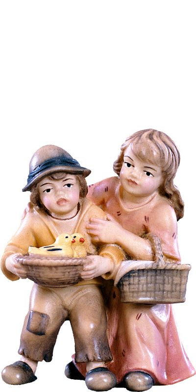 coppia di bambini h.k. - demetz - deur - statua in legno dipinta a mano. altezza pari a 9 cm.