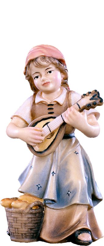bimba con mandolino h.k. - demetz - deur - statua in legno dipinta a mano. altezza pari a 18 cm.