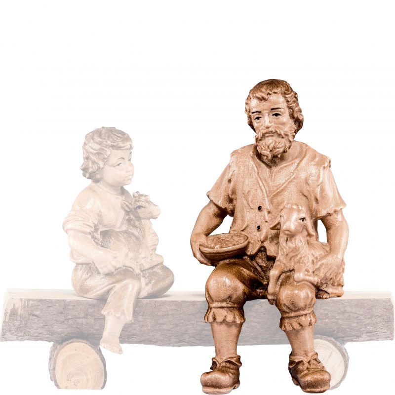 pastore seduto con agnello h.k. - demetz - deur - statua in legno dipinta a mano. altezza pari a 15 cm.