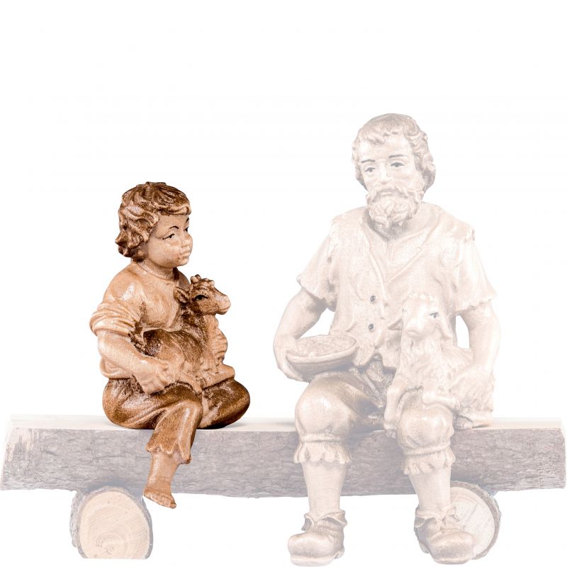 fanciullo seduto con capretto h.k. - demetz - deur - statua in legno dipinta a mano. altezza pari a 18 cm.