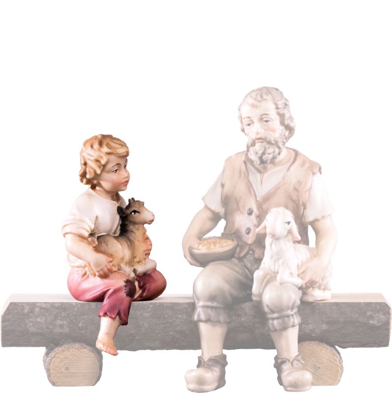 fanciullo seduto con capretto h.k. - demetz - deur - statua in legno dipinta a mano. altezza pari a 9 cm.