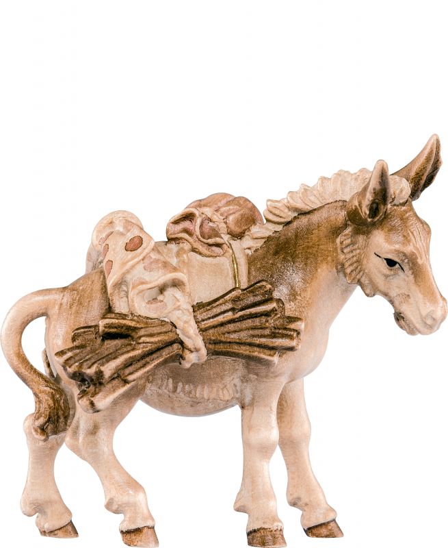 asino con carico h.k. - demetz - deur - statua in legno dipinta a mano. altezza pari a 11 cm.