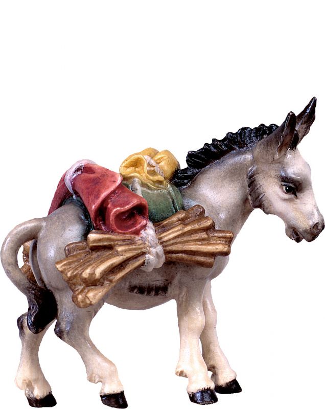 asino con carico h.k. - demetz - deur - statua in legno dipinta a mano. altezza pari a 9 cm.